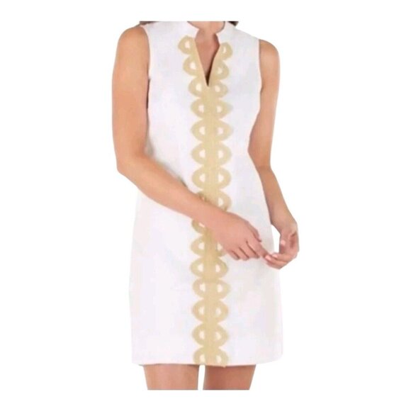 MUDPIE Women’s White Gold MIA Dress Gold Lace Front Preppy NWT Sz L SEE Pictures - Picture 1 of 8